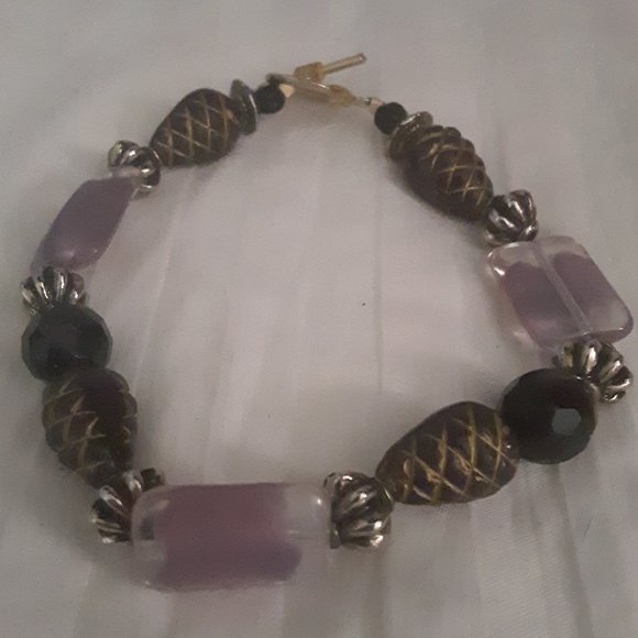 Purple Glass Black Silver Tone Beads Toggle Bracelet - Picture 1 of 9